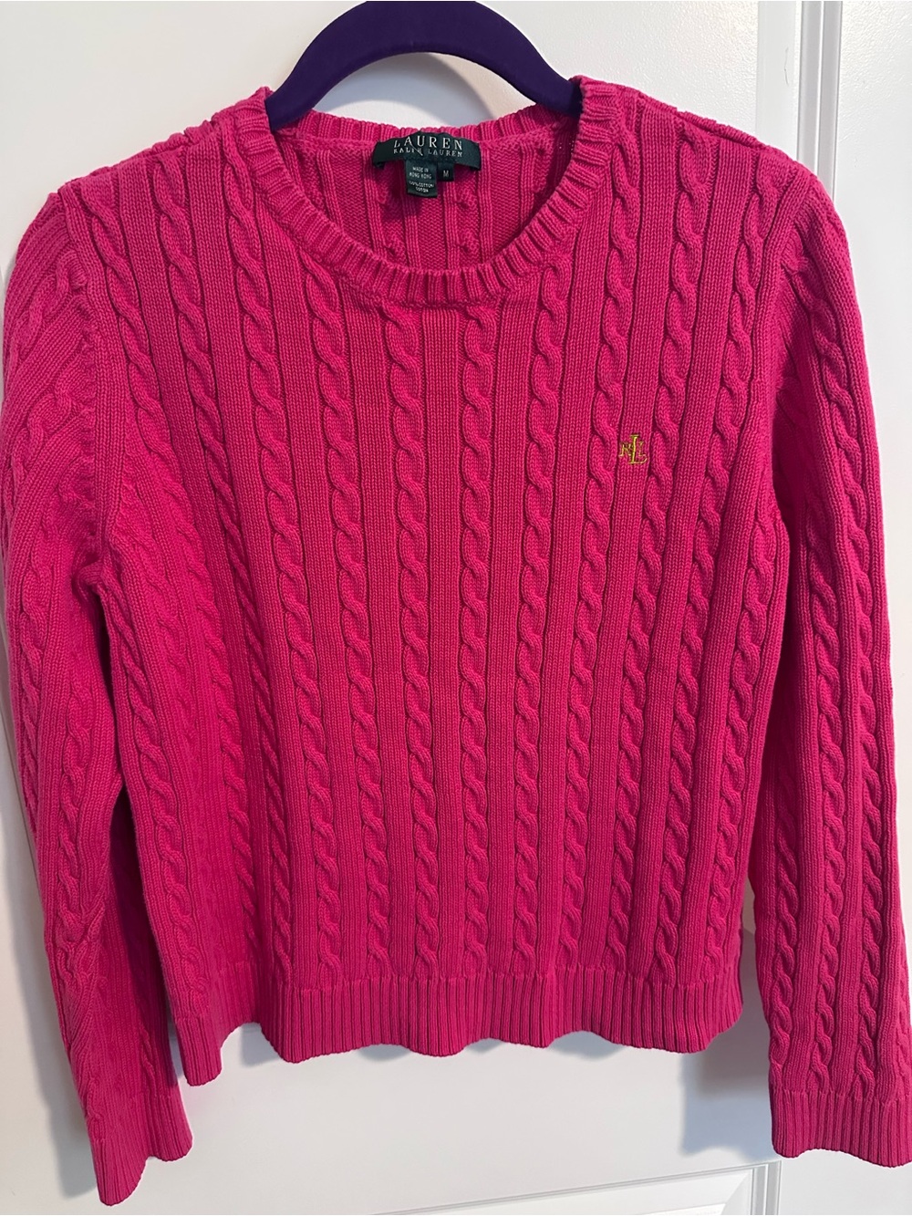 Lauren Ralph Lauren Hot Pink Cable-Knit Crewneck Sweater